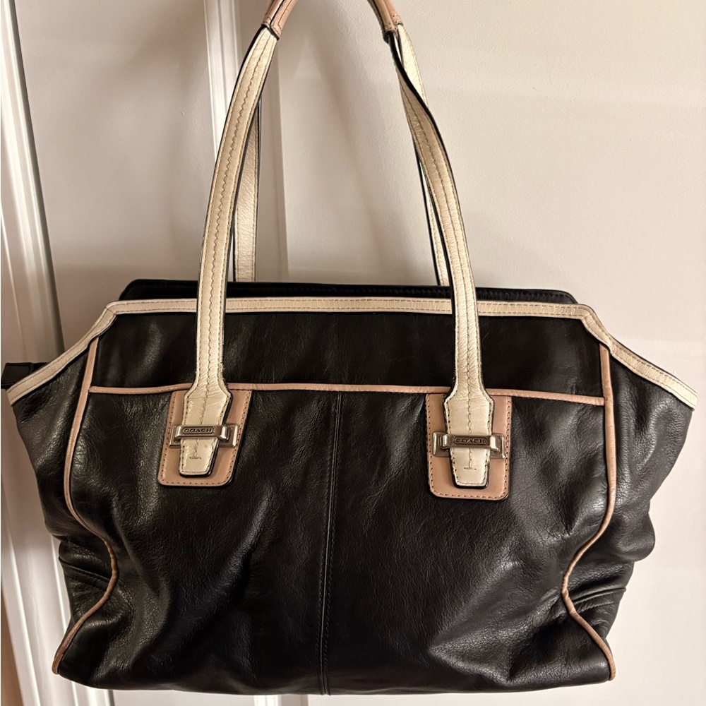 Coach Black Leather Tote with Cream and Tan Trim